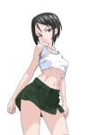  1girl black_hair blue_eyes blush breasts chouno_ami collarbone girls_und_panzer green_skirt looking_at_viewer mal_(malmlamal) midriff miniskirt navel open_mouth short_hair simple_background skirt small_breasts solo tank_top white_background white_tank_top 