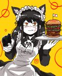  1girl animal_ears apron artist_name black_hair burger cat_ears chainsaw_man cross_scar fake_animal_ears fang food frilled_apron frills gun handgun highres holding holding_plate japanese_flag long_hair looking_at_viewer maid maid_apron maid_headdress osulan plate pointing_gun ringed_eyes scar scar_on_cheek scar_on_face simple_background solo weapon yellow_background yellow_eyes yoru_(chainsaw_man) 