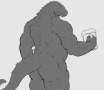  alcohol anthro beer beverage butt dinosaur drinking fuzzylynx godzilla godzilla_(series) grey_body hi_res male muscular reptile scalie solo spikes tail toho 