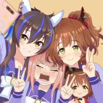  3girls absurdres agnes_digital_(umamusume) animal_ears aston_machan_(umamusume) blue_hair bow bowtie brown_hair cellphone closed_eyes crying daitaku_helios_(umamusume) doll double_v ear_covers green_eyes highres holding holding_doll horse_ears horse_girl long_sleeves medium_hair meme multicolored_hair multiple_girls oota_kuniyoshi_face_(meme) orange_background phone pink_hair purple_serafuku purple_shirt red_scrunchie sada_jun sailor_collar sailor_shirt school_uniform scrunchie selfie serafuku shirt side_ponytail sidelocks simple_background smartphone smile streaked_hair streaming_tears tears tracen_school_uniform umamusume v white_bow white_bowtie yellow_eyes 