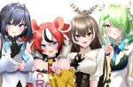  4girls :d absurdres ahoge animal_ears antlers bare_shoulders black_choker black_collar black_gloves blue_bow blue_bowtie blue_dress blue_eyes blue_hair blush bow bowtie branch breasts brown_corset brown_eyes brown_hair ceres_fauna ceres_fauna_(1st_costume) choker cleavage_cutout clothing_cutout collar corset crop_top crossed_bangs detached_sleeves dice_hair_ornament dress flower gloves green_hair h1rqg1 hair_flower hair_intakes hair_ornament hairclip hakos_baelz hakos_baelz_(1st_costume) highres hololive hololive_english long_hair long_sleeves looking_at_viewer mouse_ears multicolored_hair multiple_girls nanashi_mumei nanashi_mumei_(1st_costume) ouro_kronii ouro_kronii_(1st_costume) partially_fingerless_gloves pinstripe_pattern red_hair sailor_collar shirt short_hair sleeveless sleeveless_turtleneck smile spiked_collar spikes streaked_hair striped turtleneck underboob v virtual_youtuber white_hair white_shirt yellow_eyes 