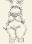 animal_humanoid anthro armwear big_breasts breasts bunsandnoble clothed clothing clothing_lift exposed_breasts exposing_chest exposing_nipple female hair humanoid inverted_nipples lagomorph lagomorph_humanoid long_ears long_hair looking_away mammal mammal_humanoid mature_female nipples phoebe_(bunsandnoble) pulling_underwear red_eyes simple_background simple_eyes slightly_chubby solo sweater thick_thighs topwear undressing 