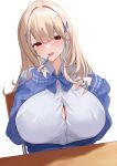  1girl blonde_hair blue_bow blue_bowtie blue_jacket blush bow bowtie breasts button_gap claw_ring cleavage collared_shirt commentary goddess_of_victory:_nikke hair_intakes hair_ornament highres huge_breasts jacket jewelry long_hair looking_at_viewer multiple_rings off_shoulder open_mouth puffy_sleeves red_eyes ring shirt simple_background sitting sleeves_past_wrists smile solo tia_(nikke) white_background white_shirt xi_oshir1 