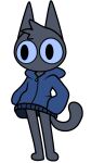  9:16 ambiguous_gender blue_clothing blue_sclera bottomless clothed clothing domestic_cat felid feline felis gooblie_2 grey_body hi_res jacket mammal simple_background solo tail toony topwear topwear_only white_background 