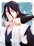  1boy absurdres black_hair bleach border closed_mouth collarbone eyelashes falling_petals grey_eyes hair_between_eyes haori highres japanese_clothes kuchiki_byakuya long_hair long_sleeves male_focus petals solo taichou_haori tassel upper_body white_border yaaka 