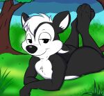  anthro black_body black_fur butt chest_tuft fur hi_res jhussethy legs_up looney_tunes lying male mammal mephitid pepe_le_pew seductive skunk smile solo tuft warner_brothers white_body 