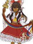  1girl ascot bare_shoulders bell black_hair bow dark-skinned_female dark_skin detached_sleeves flat_chest frilled_hair_tubes frills hair_bow hair_tubes hakurei_reimu highres jingle_bell kagura_suzu kyou_(ningiou) long_hair looking_at_viewer red_bow solo touhou white_background wide_sleeves yellow_ascot yellow_eyes 