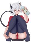  1girl black_horns black_thighhighs bottle covered_pussy demon demon_girl demon_horns demon_tail grumpy helltaker highres holding holding_bottle horns looking_at_viewer malina_(helltaker) panties red_eyes red_panties sitting tail thighhighs underwear white_background white_hair 