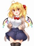  1girl ahoge bat_wings black_thighhighs blonde_hair blue_skirt blush bow breasts brown_cardigan cardigan collared_shirt commentary crystal dot_nose dress_shirt eyes_visible_through_hair fang flandre_scarlet hair_between_eyes hair_ornament hair_scrunchie happy highres large_breasts long_sleeves looking_at_viewer marukyuu_ameya medium_hair miniskirt nail_polish open_cardigan open_clothes open_mouth pleated_skirt pointy_ears ponytail red_bow red_eyes red_nails red_scrunchie school_uniform scrunchie shirt shirt_tucked_in side_ponytail simple_background skin_fang skirt solo thick_eyelashes thighhighs thighs tongue touhou uniform white_background white_shirt wings zettai_ryouiki 