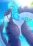  absurd_res animal_humanoid anthro big_breasts big_butt blue_body blue_eyes blue_hair blue_skin blush breasts butt cyan_(nightlyflare) female fish fish_humanoid hair hi_res huge_breasts huge_butt humanoid light marine marine_humanoid nightlyflare nude nude_anthro palm_tree plant rear_view scales shark shark_fin shark_humanoid shark_tail sharp_teeth solo sunlight teeth thick_thighs tree water watermark white_body wide_hips 