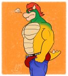  absurd_res anthro bottomwear bowser bulge butt clothed clothing denim denim_clothing fangs hi_res horn inlustriusghost jeans koopa male mario_bros muscular muscular_male nintendo pants pecs scalie solo spikes tail teeth topless topless_male underwear 