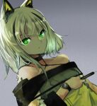  1girl absurdres animal_ears ao_oni_(onioni-aoi) arknights backlighting bare_shoulders cat_ears cat_girl closed_mouth commentary_request dress dutch_angle expressionless glowing glowing_eyes green_dress green_eyes grey_background grey_hair halterneck hand_up highres holding holding_syringe infection_monitor_(arknights) kal&#039;tsit_(arknights) long_sleeves looking_at_viewer medium_hair off-shoulder_dress off_shoulder oripathy_lesion_(arknights) partial_commentary solo syringe unfinished upper_body watch wristwatch yellow_dress 