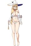  1girl alternate_breast_size ass_visible_through_thighs bare_shoulders barefoot bikini blonde_hair blue_eyes blush braid breasts cleavage collarbone detached_sleeves fate/grand_order fate_(series) full_body glasses gold_trim hat highres large_breasts long_hair looking_at_viewer muta_poo navel revision round_eyewear side_ponytail smile solo swimsuit tonelico_(fate) very_long_hair white_headwear witch_hat 