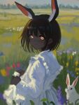  1girl akai_ringo_(eveyuno) animal animal_ears black_hair dark_skin day dress field frills highres looking_at_viewer looking_back orange_eyes original outdoors rabbit rabbit_ears rabbit_girl ringed_eyes short_hair skirt_hold smile solo very_dark_skin 