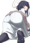  1girl absurdres all_fours black_eyes black_hair blue_archive blue_hairband blush brown_cardigan buchio_b cardigan from_behind hairband halo highres looking_back open_mouth simple_background skirt solo ui_(blue_archive) white_background white_skirt 