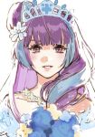  1girl blue_dress blue_flower blue_hair bouquet dress english_commentary flower hair_bun hair_flower hair_ornament holding holding_bouquet looking_at_viewer macross macross_delta mikumo_guynemer multicolored_hair nekkikamille parted_lips portrait purple_eyes purple_hair single_hair_bun sketch solo straight-on streaked_hair tiara white_background yellow_flower 