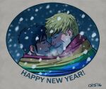  2boys bad_id bad_tumblr_id bara black_hair blonde_hair blush closed_eyes couple cris_art flag_around_neck from_side happy_new_year hulkling lgbt_pride long_sideburns male_focus marvel multiple_boys nose_blush noses_touching rainbow_flag short_hair sideburns smile snowing thick_eyebrows wiccan yaoi 