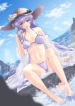  1girl armpit_crease azur_lane barefoot bikini black_ribbon blue_eyes blue_sky blush breasts cloud cloudy_sky collarbone day dutch_angle eyelashes feet flower full_body hair_flower hair_ornament hand_up hat hat_flower hat_ribbon highres ishi_(user_vcwg3733) large_breasts legs long_hair lower_teeth_only nail_polish navel official_alternate_costume open_mouth outdoors partially_visible_vulva purple_bikini purple_hair ribbon rock rodney_(azur_lane) rodney_(future_seaside_admiral)_(azur_lane) see-through see-through_sleeves shiny_skin sitting sky soaking_feet soles solo splashing straw_hat sun_hat swimsuit teeth thighs toe_scrunch toenail_polish toenails toes undersized_breast_cup water 