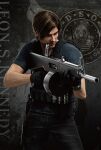  1boy arm_hair black_gloves black_pants blue_shirt brown_hair bulletproof_vest character_name closed_mouth gloves holding holding_weapon leon_s._kennedy male_focus pants parted_bangs resident_evil resident_evil:_death_island shirt short_hair short_sleeves simple_background solo standing watch weapon wristwatch 