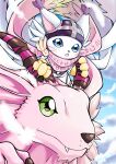  absurdres angewomon angewomon_(cosplay) belt cosplay digimon digimon_(creature) dragon green_eyes highres holydramon horns no_humans riding shingetsu_(doru0222) tailmon 