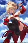  1girl armpits bandeau bare_shoulders black_thighhighs blonde_hair blue_sky braid breasts clarent_(fate) commentary_request detached_collar detached_sleeves fate/apocrypha fate/grand_order fate_(series) feet foot_focus french_braid green_eyes highres holding holding_sword holding_weapon long_hair looking_at_viewer mordred_(fate) mordred_(fate/apocrypha) parted_bangs ponytail shoes sidelocks single_shoe single_thighhigh sky small_breasts smile soles solo sword thighhighs toenails toes tonee weapon 