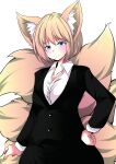  1girl alternate_costume animal_ears black_jacket blonde_hair blue_eyes closed_mouth collarbone collared_shirt formal fox_ears fox_girl fox_tail highres jacket kitsune long_sleeves multiple_tails shirt short_hair simple_background smile solo sunaguma tail touhou upper_body white_background white_shirt yakumo_ran 