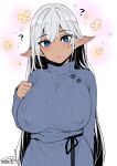  1girl :| ? blue_eyes blue_sweater breasts closed_mouth commentary covered_nipples dark-skinned_female dark_skin dated dress elf expressionless grey_hair hair_between_eyes happa_(cloverppd) huge_breasts long_hair long_sleeves looking_at_viewer original pointy_ears ribbed_sweater signature simple_background solo sweater sweater_dress turtleneck turtleneck_sweater very_long_hair 