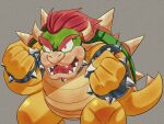  2023 anthro bowser hair hi_res horn koopa looking_at_viewer lueduar male mario_bros nintendo open_mouth red_eyes red_hair scalie simple_background solo spikes teeth tongue 