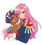  2girls aiguillette black_jacket blue_eyes breasts closed_mouth commentary_request cropped_torso crown dark-skinned_female dark_skin dated earrings epaulettes glasses green_eyes highres himemiya_anthy jacket jewelry long_hair long_sleeves looking_at_viewer multiple_girls nishimura_eri parted_bangs pink_hair purple_hair round_eyewear short_hair shoujo_kakumei_utena signature simple_background small_breasts tenjou_utena upper_body white_background 