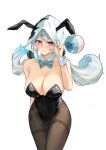  1girl absurdres ai-bon animal_ears azur_lane bare_shoulders black_leotard black_pantyhose blue_bow blue_bowtie blue_hair blush bow bowtie breasts cleavage closed_mouth collar collarbone commission covered_navel detached_collar embarrassed enforcer_iii_harvest_(azur_lane) fake_animal_ears gradient_hair hand_up highres large_breasts leotard long_hair looking_at_viewer low_twintails multicolored_hair pantyhose playboy_bunny purple_eyes rabbit_ears second-party_source simple_background siren_(azur_lane) solo twintails white_background white_collar white_hair white_hood wrist_cuffs 