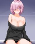  1girl bare_shoulders black_panties blush breasts cleavage collarbone commentary_request engo_(aquawatery) fate/grand_order fate_(series) hair_over_one_eye highres large_breasts looking_at_viewer mash_kyrielight off-shoulder_sweater off_shoulder panties purple_eyes purple_hair ribbed_sweater short_hair sitting smile solo sweater underwear 