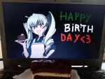  1girl 2d_dating anchovy_(girls_und_panzer) breasts cake cake_slice computer drill_hair food girls_und_panzer green_hair happy_birthday holding holding_plate laptop non-web_source plate red_eyes self-upload small_breasts twin_drills 