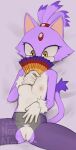  2023 5_fingers anthro areola blaze_the_cat blush breasts clothing covering covering_mouth digital_media_(artwork) domestic_cat felid feline felis female female_anthro fingers fur genitals gloves hair handwear hi_res kemono legwear mammal mostly_nude nipples pink_body pink_fur pussy sega small_breasts solo sonic_the_hedgehog_(series) spread_legs spreading stockings tail torn_clothing translucent translucent_clothing watermark white_body white_fur yoako 