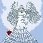  1:1 2023 absurd_res amber_eyes anthro blush bouquet breasts clothing digital_drawing_(artwork) digital_media_(artwork) dinosaur dress eyelashes fang_(gvh) feathered_wings feathers female fingers flower flower_bouquet gloves goodbye_volcano_high grey_body grey_scales hair hand_behind_head handwear hi_res long_hair looking_at_viewer open_mouth open_smile plant pterodactylus pterosaur reptile resston1 rose_(flower) scales scalie short_tail silver_hair simple_background smile snoot_game solo tail tongue wedding_dress wings 