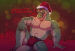  &lt;3 2020 5_fingers anthro arm_scar bedroom_eyes belt black_belt bulge candy candy_cane candy_cane_in_mouth christmas christmas_clothing christmas_headwear clothed clothing countershading crocodile crocodilian crocodylid dessert dialogue digital_media_(artwork) fingers food gift glowing glowing_eyes green_body green_scales hand_on_knee hand_on_leg hat headgear headwear hi_res holidays leg_scar looking_at_viewer lounging male narrowed_eyes navel nipples non-mammal_navel non-mammal_nipples pecs red_clothing red_underwear renekton reptile santa_hat scales scalie scar scars_all_over seductive sharp_teeth solo speech_bubble tail talking_to_viewer tan_body teeth thick_tail topless topless_anthro topless_male underwear xeoniios yellow_glow 