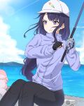  1girl absurdres alternate_costume animalization asiri_senpai baseball_cap black_hair black_pants blue_sky blunt_bangs blurry braid cloud cloudy_sky commentary cooler dango depth_of_field english_commentary fingerless_gloves fishing fishing_rod food food_print fox genshin_impact gloves hat highres holding holding_fishing_rod jacket knees_together_feet_apart long_hair long_sleeves looking_away low_ponytail mole mole_under_eye mountainous_horizon multicolored_hair ocean pants pink_fur purple_eyes purple_jacket raiden_shogun sanshoku_dango sidelocks single_braid sitting sky solo_focus streaked_hair turtleneck turtleneck_jacket two-tone_hair wagashi yae_miko yae_miko_(fox) 