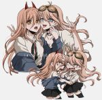  2girls :d alternate_costume anger_vein angry antenna_hair artist_name barbed_wire black_choker black_necktie black_skirt blonde_hair chainsaw_man choker criis-chan cropped_torso danganronpa_(series) danganronpa_v3:_killing_harmony fangs goggles goggles_on_head grey_shirt hand_up hands_up horns iruma_miu long_hair long_sleeves miniskirt multiple_girls necktie orange_eyes pink_eyes power_(chainsaw_man) sharp_teeth shirt skirt smile teeth tongue tongue_out twitter_username upper_teeth_only 