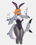  absurd_res alternate_version_at_source anthro arm_fins big_breasts black_tip_tail blacktip_shark blank_expression bow_tie breasts carcharhinus caudal_fin cleavage clothed clothing collar colored countershading cuffs_(clothing) dorsal_fin exuvialremains fake_ears fake_rabbit_ears fake_rabbit_tail fake_tail female fin fish gloves grey_body grey_skin hair handwear hi_res leggings legwear leotard light_belly long_tail looking_at_viewer marine multicolored_body multicolored_skin navel_outline nipple_outline non-mammal_breasts non-mammal_hair onesie orange_hair playboy_bunny raised_arm red_eyes requiem_shark shaded shark shark_tail sharp_teeth simple_background small_waist solo tail teeth two_tone_body two_tone_skin white_clothing white_gloves white_handwear wide_hips 