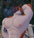  3d_(artwork) abs anthro anxiboi black_eyes digital_media_(artwork) domestic_cat epic_games felid feline felis fortnite fur hi_res male mammal meowscles nipples orange_body orange_fur pecs pose smile smiling_at_viewer solo whiskers white_body white_fur 