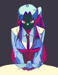  1boy 1girl absurdres angela_(project_moon) ayin_(project_moon) black_vest blue_hair breasts coat collared_shirt highres kneeling large_breasts lobotomy_corporation long_hair long_sleeves looking_down msx_(mis4xi) necktie project_moon red_necktie shaded_face shirt size_difference very_long_hair vest white_coat white_shirt wing_collar yellow_eyes 