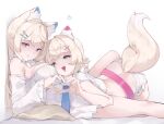  2girls animal_ear_fluff animal_ears artist_name belt blonde_hair blue_belt blue_eyes breasts closed_mouth commentary crop_top dog_ears dog_tail dress english_commentary face_to_breasts from_side fuwawa_abyssgard hair_intakes hair_ornament hairclip heart heart_hands heart_hands_duo hololive hololive_english long_hair long_sleeves looking_at_viewer looking_to_the_side lying medium_breasts mococo_abyssgard multiple_girls namiorii off-shoulder_dress off_shoulder on_stomach open_mouth pink_belt pink_eyes reclining short_hair shorts siblings simple_background single_bare_shoulder sisters sleeveless smile tail twins virtual_youtuber white_background white_dress white_shorts x_hair_ornament 
