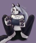  anthro barefoot breasts butt canid canid_demon claws clothed clothing collar demon digital_media_(artwork) etanolllll feet female fur hair hellhound helluva_boss hi_res looking_at_viewer loona_(helluva_boss) mammal pawpads paws paws_in_socks simple_background smile solo solo_focus tail toes white_body white_fur 