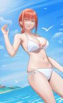  1girl absurdres bare_arms bare_shoulders bikini blue_sky breasts chainsaw_man cloud commentary_request cowboy_shot day highres large_breasts long_hair looking_at_viewer makima_(chainsaw_man) navel ocean red_hair side-tie_bikini_bottom sky solo standing stomach swimsuit thighs water white_bikini yellow_eyes yeming_(yeming0529) 