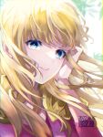  1girl absurdres blonde_hair blue_eyes dated erinoshin hand_in_own_hair highres long_hair looking_at_viewer monica_(romancing_saga_3) romancing_saga_3 saga smile solo sparkling_eyes wind 