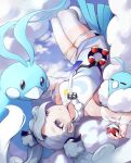  1girl altaria grey_eyes grey_hair hatsune_miku highres holding holding_poke_ball long_hair lying_on_cloud poke_ball poke_ball_(basic) pokemon pokemon_(creature) project_voltage swablu tuna_picture twintails upside-down vocaloid 