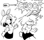  anthro black_and_white bodily_fluids breasts clothed clothing creator_ant diana_darling_(creator_ant) female hair hi_res long_ears long_hair monochrome open_mouth particles simple_background sneeze solo speech_bubble tail text 
