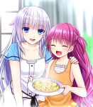  2girls :d ^_^ absurdres akausagi blue_eyes blue_sleeves blunt_ends blurry blurry_background blush bow center_frills child closed_eyes collarbone commentary_request cowboy_shot day dress eyes_visible_through_hair fang food fried_rice frills hair_between_eyes hair_bow hand_on_another&#039;s_shoulder happy highres holding holding_tray katou_umi long_hair looking_at_another multiple_girls naruse_shiroha open_mouth orange_shirt pink_bow purple_hair shirt short_sleeves sidelocks sleeveless sleeveless_shirt smile steam straight_hair summer_pockets tray two_side_up upper_body very_long_hair white_dress white_hair 