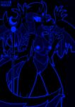  absurd_res anthro areola black_and_blue blue_body blue_eyes breasts crown dark_queen_(iestraig) demon demon_dragon digital_drawing_(artwork) digital_media_(artwork) dragon female fur genitals glowing glowing_body glowing_eyes glowing_genitalia glowing_nipples glowing_outline glowing_pussy hair headgear hi_res horn looking_at_viewer lustragon monochrome moon_symbol nipples nude open_mouth pussy scalie simple_background solo staff tail teeth winged_arms wings 