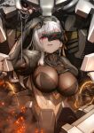  1girl arm_up armor armored_gloves bandaged_head bandages black_gloves bodystocking breasts commentary_request crying crying_with_eyes_open fingerless_gloves gloves goddess_of_victory:_nikke grey_hair hair_ribbon highres hiraken large_breasts long_hair looking_at_viewer mecha mechanical_parts modernia_(nikke) open_mouth red_eyes ribbon robot sad_smile see-through_cleavage shoulder_armor sidelocks solo tears upper_body yellow_ribbon 