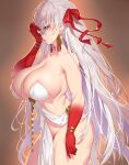  1girl bare_shoulders belly_chain blush body_markings bracelet breasts cleavage collarbone colored_skin durga_(fate) earrings facial_mark fate/grand_order fate_(series) gradient_skin hair_ribbon highres huge_breasts jewelry long_hair looking_at_viewer onsoku_inu pelvic_curtain red_eyes red_skin revealing_clothes ribbon sash solo thick_thighs thighs very_long_hair white_hair 